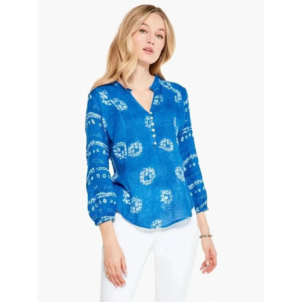 NIC+ZOE Size 3X Plus Blue Shibori Print Gauze Pacific Skies BOHO Top 3/4 Sleeve
